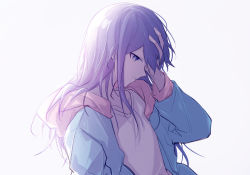 Rule 34 | 1girl, backlighting, black hair, blue jacket, close-up, collarbone, expressionless, fingernails, flat chest, from side, grey eyes, hand on own head, hand up, head down, hibioes, highres, hood, hood down, hooded jacket, hoshino ichika (project sekai), jacket, long hair, looking down, open clothes, open jacket, parted lips, profile, project sekai, shirt, simple background, solo, tsurime, upper body, white background, white shirt