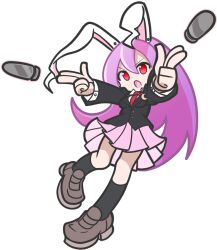Rule 34 | 1girl, animal ears, black socks, blazer, brown footwear, buttoned cuffs, buttons, collared shirt, crescent, crescent pin, full body, jacket, long hair, long sleeves, looking at viewer, necktie, open mouth, parody, pink skirt, pleated skirt, purple hair, puyopuyo, rabbit ears, rabbit girl, red eyes, red necktie, reisen udongein inaba, shinmon akika, shirt, simple background, skirt, socks, solo, style parody, touhou, white background, white shirt