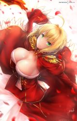 Rule 34 | 1girl, ahoge, ass, ass cutout, breasts, butt crack, cleavage, clothing cutout, commentary, epaulettes, fate/grand order, fate (series), green eyes, hair intakes, large breasts, leaning forward, looking at viewer, nero claudius (fate), nero claudius (fate) (all), nero claudius (fate/extra), patreon username, puffy sleeves, rei kun, see-through, smile, solo, sword, weapon, wide sleeves