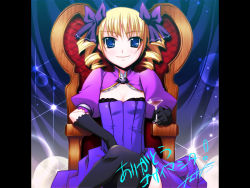 Rule 34 | 1girl, blonde hair, crossed legs, cup, drill hair, drinking glass, gloves, kantaka, koihime musou, pillarboxed, sitting, solo, sousou (koihime musou), thighhighs, throne, twintails, wine glass