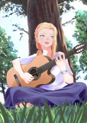 Rule 34 | 1girl, absurdres, alternate hairstyle, black footwear, blonde hair, blue eyes, blue skirt, blue sky, blurry, blurry background, blurry foreground, casual, clara (girls und panzer), commentary request, depth of field, girls und panzer, grass, guitar, hair over shoulder, hair tie, half-closed eyes, highres, holding, holding instrument, indian style, instrument, long hair, long skirt, music, oze (xyz go go11), partial commentary, playing instrument, plectrum, ponytail, sandals, shirt, short sleeves, sitting, skirt, sky, smile, solo, t-shirt, tree, watch, white shirt, wristwatch