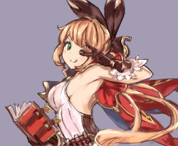 Rule 34 | 10s, 1girl, ;), bare shoulders, black gloves, black ribbon, blush, book, breasts, cape, clarisse (granblue fantasy), female focus, gloves, granblue fantasy, green eyes, hair intakes, hair ribbon, holding, holding book, large breasts, light brown hair, long hair, looking away, looking to the side, moko (alice), one eye closed, open book, ponytail, purple background, ribbon, sideboob, sidelocks, simple background, sleeveless, smile, solo, tongue, tongue out, upper body, v, v over eye, vial