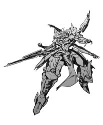 Rule 34 | absurdres, extra arms, greyscale, highres, holding, holding sword, holding weapon, ikaruga (knight&#039;s &amp; magic), ishiyumi, knight&#039;s &amp; magic, looking to the side, mecha, monochrome, no humans, open hands, pelvic curtain, robot, science fiction, solo, sword, weapon, white background