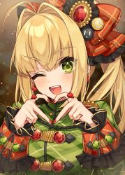 Rule 34 | 1girl, ;d, blonde hair, blush, bow, breasts, commentary request, fate/extra, fate (series), green eyes, green shirt, hair between eyes, hair bow, hands up, heart, heart hands, karokuchitose, long hair, long sleeves, medium breasts, nero claudius (fate), nero claudius (fate) (all), nero claudius (fate/extra), official alternate costume, one eye closed, open mouth, plaid, plaid bow, plaid shirt, ponytail, red bow, shirt, smile, solo, upper body