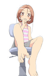 Rule 34 | 1girl, barefoot, blush, brown eyes, brown hair, chair, feet, female focus, foot focus, from below, hand to own mouth, long hair, looking at viewer, original, pov, salpin, simple background, sitting, solo, toes