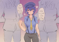 Rule 34 | 1girl, 2boys, absurdres, blue hair, blue headwear, blue shirt, blush, breasts, brown pants, cafin, commentary, english commentary, english text, formal, hair between eyes, highres, large breasts, long sleeves, looking at viewer, multiple boys, pants, persona, persona 4, shirogane naoto, shirt, short hair, short sleeves, solo focus, speech bubble, standing, suspenders