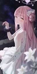 Rule 34 | 1girl, absurdres, black scrunchie, blue archive, blush, crescent, dress, flower, hair bun, halo, hidulume, highres, looking at viewer, mika (blue archive), night, night sky, open mouth, pink hair, scrunchie, single side bun, sky, smile, solo, star (sky), starry sky, tears, white dress, white wings, wings, wrist scrunchie