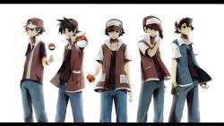 Rule 34 | 00s, 1990s (style), 5boys, ash ketchum, black hair, brown eyes, brown hair, child, creatures (company), dual persona, expressionless, game freak, grey eyes, highres, holding, holding poke ball, in-franchise crossover, letterboxed, male focus, multiple boys, nintendo, odd one out, pixiv red, poke ball, poke ball (basic), pokemon, pokemon (anime), pokemon (classic anime), pokemon adventures, pokemon frlg, pokemon rgby, red (pokemon), red (pokemon frlg), red eyes, retro artstyle, standing, yache