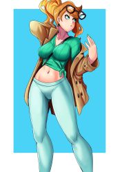 Rule 34 | 1girl, blue background, blush, border, breasts, collarbone, creatures (company), game freak, glasses on head, green eyes, hair ornament, highres, impossible clothes, jacket, leggings, looking to the side, medium breasts, midriff, nail polish, navel, nico-mo, nintendo, off shoulder, orange hair, parted lips, pokemon, pokemon swsh, ponytail, simple background, solo, sonia (pokemon), standing, white border