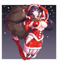 Rule 34 | black thighhighs, boots, breasts, capelet, christmas, corset, female admiral (kancolle), garter straps, gloves, hat, hiememiko, high heel boots, high heels, highres, kantai collection, large breasts, latex, latex gloves, panties, purple eyes, purple hair, sack, santa costume, santa hat, side-tie panties, skirt, snowing, solo, thigh boots, thighhighs, underboob, underwear