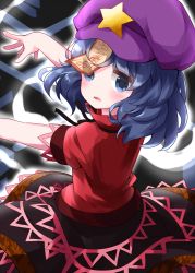 Rule 34 | 1girl, black background, black skirt, blue eyes, blue hair, blush, cabbie hat, commentary request, dark background, expressionless, feet out of frame, from behind, glowing, grey ribbon, hat, hat ornament, highres, hitodama, jiangshi, leaf print, looking at viewer, looking back, medium hair, miyako yoshika, ofuda, outline, outstretched arms, parted lips, purple hat, red shirt, ribbon, ruu (tksymkw), shirt, short sleeves, simple background, skirt, solo, standing, star (symbol), star hat ornament, tareme, touhou, white outline, zombie pose