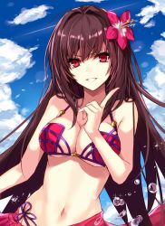 Rule 34 | 1girl, aosaki yukina, bikini, breasts, cleavage, fate/grand order, fate (series), flower, hair flower, hair ornament, highres, index finger raised, large breasts, long hair, looking at viewer, nail polish, navel, parted lips, purple hair, red eyes, scathach (fate), scathach (fate), scathach (swimsuit assassin) (fate), solo, swimsuit, underboob, very long hair, water