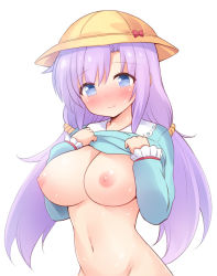 Rule 34 | 1girl, blue eyes, blue shirt, blush, bottomless, breasts, brown scrunchie, closed mouth, clothes lift, collared shirt, groin, hair between eyes, hair ornament, hair scrunchie, hands up, hat, highres, iris mysteria!, large breasts, long hair, long sleeves, looking at viewer, low twintails, navel, nipples, nose blush, parted bangs, patricia shandy, purple hair, school hat, scrunchie, shirt, shirt lift, simple background, sleeves past wrists, solo, twintails, very long hair, wavy mouth, white background, yellow hat, yuu (yumezakura)
