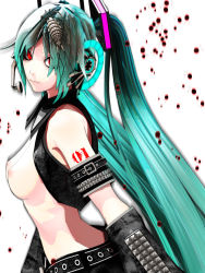 Rule 34 | 1girl, aqua hair, armband, belt, breasts, bug, calne ca (deino), deino (artist), deino (deino3330), detached sleeves, female focus, hatsune miku, headphones, highres, long hair, looking at viewer, nipples, open clothes, red eyes, sleeveless, solo, tattoo, twintails, upper body, very long hair, vocaloid