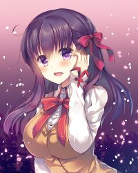 Rule 34 | 1girl, :d, adjusting hair, ahoge, blush, bow, bowtie, breasts, brown vest, fate/stay night, fate (series), gradient background, hair bow, hand up, homurahara academy school uniform, large breasts, long hair, long sleeves, looking at viewer, matou sakura, open mouth, petals, purple background, purple eyes, purple hair, red bow, red bowtie, school uniform, shirt, smile, solo, suzunone rena, tareme, upper body, vest, white shirt, wing collar