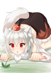 Rule 34 | 1girl, all fours, animal ear fluff, animal ears, black skirt, blush, breasts, clenched hands, commentary request, daisy, detached sleeves, fang, flower, grass, hat, inubashiri momiji, large breasts, looking away, on ground, open mouth, red eyes, red hat, ribbon-trimmed sleeves, ribbon trim, rururiaru, shirt, skin fang, skirt, solo, tail, tokin hat, touhou, white shirt, wolf ears, wolf tail