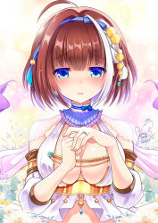 Rule 34 | 1girl, :d, ahoge, blue bow, blue eyes, blue hairband, blush, bow, breasts, brown hair, cleavage, colored eyelashes, commission, dated, eryngi (flower knight girl), flower knight girl, hair ornament, hairband, jewelry, kawai maria, large breasts, looking at viewer, mismatched eyelashes, multicolored hair, open mouth, pixiv commission, raised eyebrows, ring, shiny skin, short hair, signature, smile, solo, two-tone hair, upper body, white hair