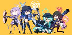 Rule 34 | 4girls, aqua hair, arius squad (blue archive), assault rifle, atsuko (blue archive), backpack, bag, baseball cap, belt pouch, black hair, blue archive, blue hair, braid, brown hair, bulletproof vest, closed mouth, commentary request, denim, firing, gloves, gun, hair ornament, hairclip, halo, handgun, hat, highres, hiyori (blue archive), hood, hood down, hooded jacket, jacket, jeans, kneeling, long hair, low twin braids, magazine (weapon), midriff, misaki (blue archive), multiple girls, navel, on one knee, open mouth, pants, pouch, purple hair, rifle, rocket launcher, saori (blue archive), scarf, shell casing, shibuya susano, short hair, side ponytail, sniper rifle, standing, stomach, toon (style), torn clothes, torn jeans, torn pants, twin braids, v-shaped eyebrows, very long hair, weapon, white jacket, yellow background