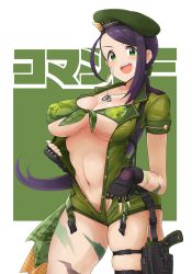 Rule 34 | 1girl, bad id, bad pixiv id, beret, bikini, bikini top only, blush, bodypaint, breasts, camouflage, camouflage bikini, center opening, cleavage, commentary request, cowboy shot, dog tags, covered erect nipples, facepaint, facial mark, fingerless gloves, gloves, green eyes, gun, handgun, hat, highres, holster, idolmaster, idolmaster cinderella girls, jewelry, large breasts, long hair, looking at viewer, military, military uniform, nash (na-si), navel, open mouth, pistol, ponytail, purple hair, skindentation, smile, solo, swimsuit, teeth, thigh holster, thigh strap, uniform, unzipped, weapon, yamato aki