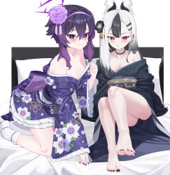 Rule 34 | absurdres, arm support, armpit crease, barefoot, black hair, black kimono, black nails, blue archive, blush, breasts, bright pupils, cleavage, closed mouth, collarbone, ddog, demon horns, ear piercing, feet, floral print, flower, frilled kimono, frilled sleeves, frills, gradient hair, grey hair, hair between eyes, hair flower, hair ornament, halo, haruka (blue archive), haruka (new year) (blue archive), highres, horns, japanese clothes, kayoko (blue archive), kayoko (new year) (blue archive), kimono, kneeling, legs, looking at viewer, medium breasts, medium hair, mole, mole on collarbone, multicolored hair, nail polish, narrowed eyes, obi, obiage, obijime, off shoulder, official alternate costume, on bed, parted lips, piercing, purple eyes, purple hair, purple kimono, purple nails, red eyes, sash, short kimono, sidelocks, sitting, small breasts, socks, thighs, toenail polish, toenails, toes, two-tone hair, wavy mouth, white pupils, white socks, yukata