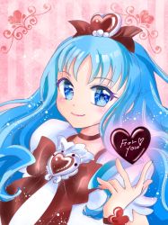 Rule 34 | 1girl, blue eyes, blue hair, blush, bow, bowtie, brooch, brown bow, brown bowtie, brown choker, choker, closed mouth, colored eyelashes, cure marine, eyelashes, hair ornament, heart, heart brooch, heart hair ornament, heartcatch precure!, highres, jewelry, long hair, looking at viewer, manekineko5319, pink background, precure, sketch, smile, solo, striped, striped background, upper body, very long hair