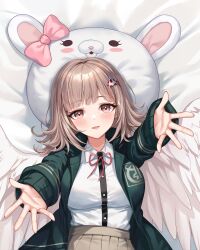 Rule 34 | 1girl, 71150521 (user agrk2888), :d, angel wings, bed sheet, black jacket, black shirt, blush, bow, breasts, brown hair, commentary request, danganronpa (series), danganronpa 2: goodbye despair, feathered wings, galaga, hair ornament, highres, jacket, large breasts, medium hair, nanami chiaki, open clothes, open jacket, open mouth, outstretched arms, pink bow, pink eyes, shirt, shirt tucked in, smile, solo, two-tone shirt, usami (danganronpa), white shirt, wings