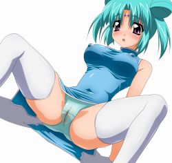 Rule 34 | 1990s (style), 1girl, absurdres, aqua hair, bare shoulders, blue panties, blush, breasts, cameltoe, canal vorfeed, china dress, chinese clothes, cleft of venus, covered erect nipples, double bun, dress, embarrassed, facial mark, forehead mark, hair bun, highres, lactation, lactation through clothes, large breasts, lost universe, panties, purple eyes, pussy juice, retro artstyle, sitting, solo, spread legs, sugimura tomokazu, thighhighs, underwear, wet, wet clothes, wet panties, white thighhighs