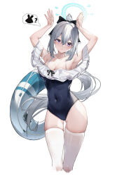 Rule 34 | 1girl, ?, absurdres, armpits, arms up, black bow, blue archive, blue halo, blue one-piece swimsuit, bow, breasts, casual one-piece swimsuit, cleavage, closed mouth, collarbone, covered navel, cowboy shot, cropped legs, floating hair, frilled one-piece swimsuit, frills, hair bow, halo, highres, innertube, kyky (-kyky), large breasts, long hair, looking at viewer, miyako (blue archive), miyako (swimsuit) (blue archive), off-shoulder one-piece swimsuit, off shoulder, official alternate costume, one-piece swimsuit, ponytail, purple eyes, rabbit pose, solo, speech bubble, spoken animal, spoken question mark, swim ring, swimsuit, thighhighs, very long hair, white background, white hair, white thighhighs