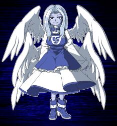 1girl adapted_costume aksawshin angel_wings blue_eyes blue_footwear blue_hair blue_skin blue_tabard boots colored_skin cross cross_earrings dress earrings feathered_wings frills full_body high_heel_boots high_heels jewelry light_blue_hair long_hair long_sleeves multiple_wings pixel_art sariel_(touhou) smile solo standing tabard touhou touhou_(pc-98) white_dress white_wings wide_sleeves wings