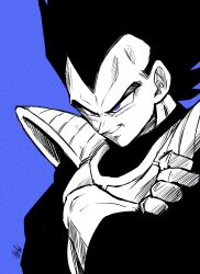 Rule 34 | 1boy, absurdres, armor, blue background, blue eyes, commentary, dragon ball, dragonball z, gloves, highres, liedein, male focus, monochrome, shoulder armor, signature, smile, solo, spot color, upper body, vegeta, widow&#039;s peak