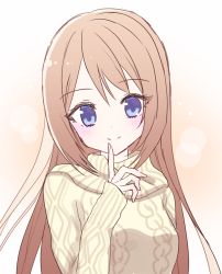 Rule 34 | 1girl, aran sweater, blue eyes, blush, breasts, brown background, brown hair, brown sweater, cable knit, closed mouth, fingernails, gradient background, hand up, index finger raised, long hair, long sleeves, looking at viewer, original, sleeves past wrists, small breasts, smile, solo, suzume anko, sweater, upper body, white background