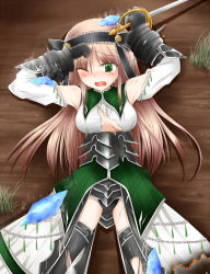 Rule 34 | 1girl, armor, breasts, burning, crystal, detached sleeves, fantasy earth zero, gloves, grass, green eyes, long hair, lying, medium breasts, rapier, ribbon, shimo (depthbomb), solo, sword, tears, torn clothes, weapon