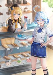 Rule 34 | 2girls, ahoge, alternate costume, black hat, black pantyhose, blonde hair, blue eyes, blue hair, blue skirt, bow, cake, commentary request, drill hair, food, furina (genshin impact), genshin impact, gloves, hair between eyes, hair bow, hand on own hip, hat, highres, holding, holding food, holding plate, long hair, long sleeves, looking at viewer, mismatched pupils, mokankan, multiple girls, navia (genshin impact), open mouth, pantyhose, plate, shirt, short hair, short sleeves, sidelocks, skirt, smile, standing, twin drills, white gloves, white shirt, yellow bow, yellow skirt