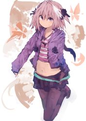 Rule 34 | 1boy, absurdres, astolfo (fate), astolfo (memories at trifas) (fate), casual, fang, fate/apocrypha, fate (series), hair intakes, hair ribbon, highres, hood, hooded jacket, jacket, jewelry, kaamin (mariarose753), male focus, midriff, multicolored hair, navel, necklace, official alternate costume, open clothes, open jacket, pantyhose, pink eyes, pink hair, pleated skirt, purple jacket, ribbon, shirt, skirt, smile, solo, streaked hair, striped clothes, striped shirt, trap, white background