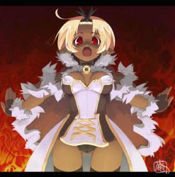 Rule 34 | 1girl, amasa mitsunaru, black panties, blonde hair, breasts, brown cape, brown dress, brown gloves, brown thighhighs, cape, commentary request, cowboy shot, dark-skinned female, dark skin, dress, fang, fingerless gloves, fire, fur-trimmed cape, fur-trimmed gloves, fur trim, gloves, gluteal fold, hair pulled back, high wizard (ragnarok online), letterboxed, looking at viewer, medium breasts, open mouth, panties, pointy ears, ragnarok online, red eyes, short dress, short hair, solo, strapless, strapless dress, thighhighs, two-tone dress, underwear, white dress