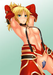 Rule 34 | 1girl, aqua eyes, armpits, arms behind head, blonde hair, blush, borrowed clothes, breasts, crotch plate, detached sleeves, fate/apocrypha, fate (series), highres, looking at viewer, medium breasts, mordred (fate), mordred (fate/apocrypha), navel, oniku (kusomushi onick), solo