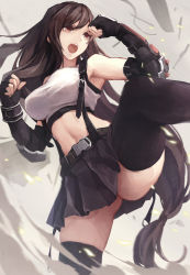 Rule 34 | 1girl, absurdres, armpits, arms up, ass, belt, black gloves, black hair, black skirt, black sports bra, black thighhighs, breasts, brown eyes, clenched hands, elbow gloves, fighting stance, final fantasy, final fantasy vii, fingerless gloves, gloves, highres, kicking, kuroyume (96061617), large breasts, leg lift, leg up, long hair, low-tied long hair, midriff, miniskirt, navel, no panties, open mouth, shouting, skirt, solo, sports bra, suspender skirt, suspenders, tank top, thighhighs, thighs, tifa lockhart, upskirt, very long hair, white tank top