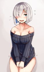 Rule 34 | 10s, 1girl, alternate costume, bare shoulders, blue eyes, blush, breasts, cleavage, clothes tug, collarbone, covering privates, covering crotch, cowboy shot, crying, crying with eyes open, grey background, hair ornament, hair over one eye, hairclip, hamakaze (kancolle), highres, kantai collection, large breasts, long sleeves, no pants, off-shoulder, off-shoulder sweater, off shoulder, open mouth, panties, plan (planhaplalan), ribbed sweater, short hair, silver hair, solo, sweater, sweater tug, tears, underwear, wavy mouth, white panties