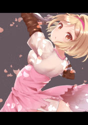 Rule 34 | 1girl, :o, absurdres, arms up, blonde hair, brown eyes, cherry blossoms, djeeta (granblue fantasy), dress, granblue fantasy, grey background, hairband, harukasu (mememememo), highres, letterboxed, looking at viewer, looking back, open mouth, panties, pantyshot, pink hairband, short hair, simple background, solo, underwear, white panties