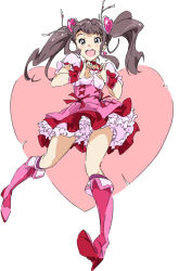 Rule 34 | 1girl, :d, boots, commentary request, cosplay, crossover, cure peach, cure peach (cosplay), dress, foreshortening, fresh precure!, frilled dress, frills, full body, happy, heart, knee boots, looking at viewer, magical girl, okamoto miyu, open mouth, pink dress, pink footwear, precure, simple background, sketch, smile, solo, standing, twintails, two-tone background, umanosuke, wake up girls!, white background