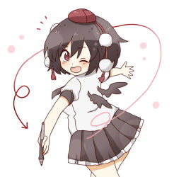 Rule 34 | 1girl, ;d, arrow (symbol), black hair, black neckwear, black skirt, black wings, blush, commentary request, hair between eyes, hat, holding, holding stylus, looking at viewer, looking to the side, mini hat, mini wings, notice lines, one eye closed, open mouth, outstretched arms, pleated skirt, pom pom (clothes), puffy short sleeves, puffy sleeves, red eyes, red hat, shameimaru aya, shirt, short sleeves, simple background, skirt, smile, solo, spread arms, stylus, tokin hat, totoharu (kujirai minato), touhou, white background, white shirt, wings