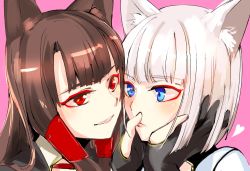 Rule 34 | 2girls, akagi (azur lane), animal ears, azur lane, black gloves, blue eyes, brown hair, commentary request, eye contact, facial mark, fox ears, gloves, hair tubes, hands on another&#039;s cheeks, hands on another&#039;s face, heart, highres, kaga (azur lane), lipstick, long hair, looking at another, makeup, multiple girls, parted lips, partially fingerless gloves, pink background, red eyes, short hair, simple background, smile, upper body, white hair