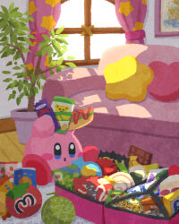 Rule 34 | apollo chocolate, bag, blue eyes, blush stickers, cake, cantaloupe, carpet, chocolate, couch, curtains, food, food focus, fruit, highres, indoors, invincible candy, kirby, kirby (series), leaf, maxim tomato, miclot, nintendo, no humans, open mouth, pillow, plant, strawberry, strawberry shortcake, suitcase, takenoko no sato, too much food, umaibou, window, wooden floor