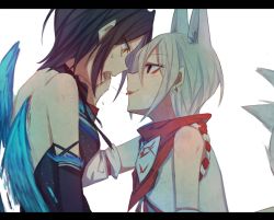 Rule 34 | 10s, 2girls, animal ears, aoki shizumi, backless dress, backless outfit, bad id, bad pixiv id, bare shoulders, black eyes, blue hair, blue wings, blush, choker, dress, ear piercing, earrings, eye contact, finger in another&#039;s mouth, fox ears, fox tail, from side, grey hair, hayami kanade, idolmaster, idolmaster cinderella girls, jewelry, letterboxed, light background, looking at another, multiple girls, open mouth, piercing, saliva, saliva trail, shiomi syuko, short hair, simple background, sleeveless, sleeveless dress, smile, strapless, strapless dress, sweatdrop, tail, tongue, tongue out, white background, wings, yellow eyes, yuri