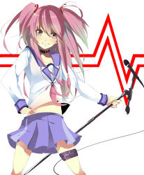 Rule 34 | 10s, 1girl, angel beats!, bad id, bad pixiv id, choker, cross, grin, hand on own hip, hip focus, koba, long hair, microphone, microphone stand, midriff, pink eyes, pink hair, school uniform, serafuku, skirt, smile, solo, thigh strap, twintails, two side up, yui (angel beats!)