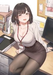 Rule 34 | 1girl, blush, breasts, brown eyes, brown hair, calendar (object), cleavage, collarbone, desk, ganbare douki-chan, indoors, kouhai-chan (douki-chan), long sleeves, monitor, office, office lady, open mouth, pantyhose, second-party source, shirt, short hair, skirt, solo, teeth, upper teeth only