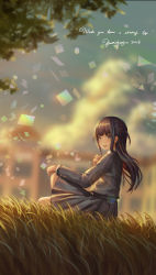 Rule 34 | 10s, 1girl, :d, artist name, bad id, bad pixiv id, black hair, black jacket, black skirt, blunt bangs, blurry, blurry background, commentary request, day, english text, from side, grass, hand on own chest, highres, jacket, knee up, lens flare, long hair, long sleeves, looking at viewer, looking to the side, medium skirt, multicolored hair, on grass, one side up, open mouth, outdoors, partial commentary, purple eyes, red hair, round teeth, school uniform, shoujo kageki revue starlight, sidelocks, sitting, skirt, smile, solo, streaked hair, sunlight, teeth, tsuyuzaki mahiru, upper teeth only, yurichtofen