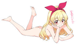 Rule 34 | 1girl, aikatsu!, aikatsu! (series), barefoot, blonde hair, breasts, character name, closed mouth, completely nude, full body, hairband, hamao, hoshimiya ichigo, long hair, lying, nipples, nude, on stomach, red eyes, red hairband, simple background, small breasts, smile, soles, solo, toes, white background