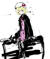 Rule 34 | 1girl, absurdres, bad id, bad pixiv id, black coat, blonde hair, blush, bow, coat, dress, hat, hat bow, highres, maribel hearn, mob cap, purple dress, red bow, red ribbon, ribbon, short hair, simple background, sitting, sketch, solo, timesoe, touhou, waiting, white background