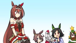 Rule 34 | 1koma, 5girls, :d, animal ears, art shift, bare shoulders, bell, biwa hayahide (noel rouge carol) (umamusume), biwa hayahide (umamusume), black hair, blue background, blue eyes, bow, breasts, brooch, brown hair, christmas, christmas tree, closed mouth, comic, commentary request, daiwa scarlet (scarlet nuit etoile) (umamusume), daiwa scarlet (umamusume), detached sleeves, dress, ear ornament, groucho glasses, fur-trimmed dress, fur-trimmed mittens, fur-trimmed sleeves, fur trim, glasses, gradient background, green bow, grey hair, hair between eyes, hamu koutarou, highres, horse ears, horse girl, jewelry, jingle bell, jitome, long hair, medium breasts, mittens, motion lines, multicolored hair, multiple girls, narita taishin (umamusume), open mouth, parted bangs, plaid, plaid dress, purple eyes, red dress, red eyes, red mittens, red sleeves, short hair, silent comic, smile, star (symbol), streaked hair, striped, striped bow, symboli rudolf (christmas emperor tree) (umamusume), symboli rudolf (umamusume), tiara, tree costume, umamusume, v-shaped eyebrows, very long hair, white background, winning ticket (umamusume)